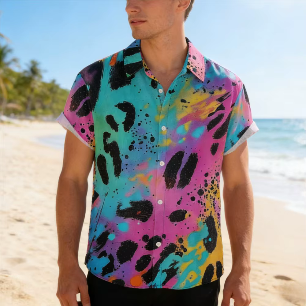 Chemise hawaïenne rétro pour homme à rayures colorées et imprimé léopard