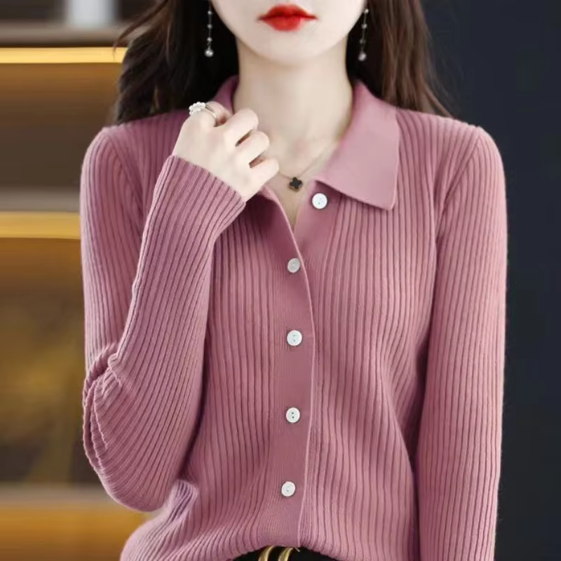 Polo rouge hiver bouton hauts en tricot pour femme Cardigan rose pull