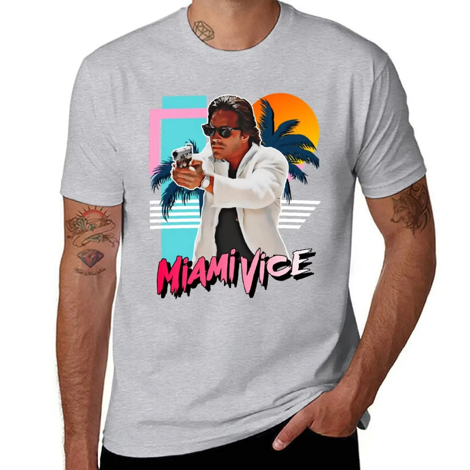 T-shirt Rétro Miami Vice Années 80 Hommage à Sonny Crockett – Haut d'été à Manches Courtes pour Homme
