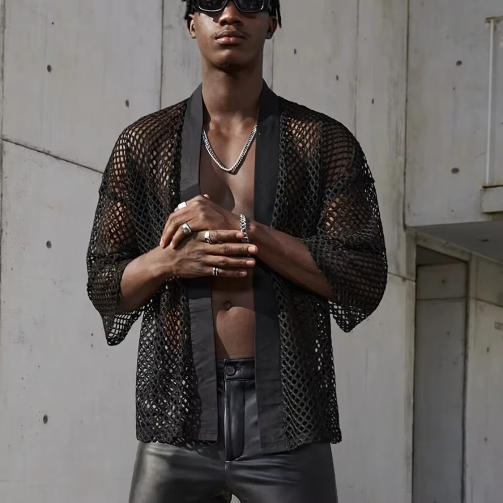 Hommes hauts en maille évider T-shirt masculin Cardigan châle Streetwear