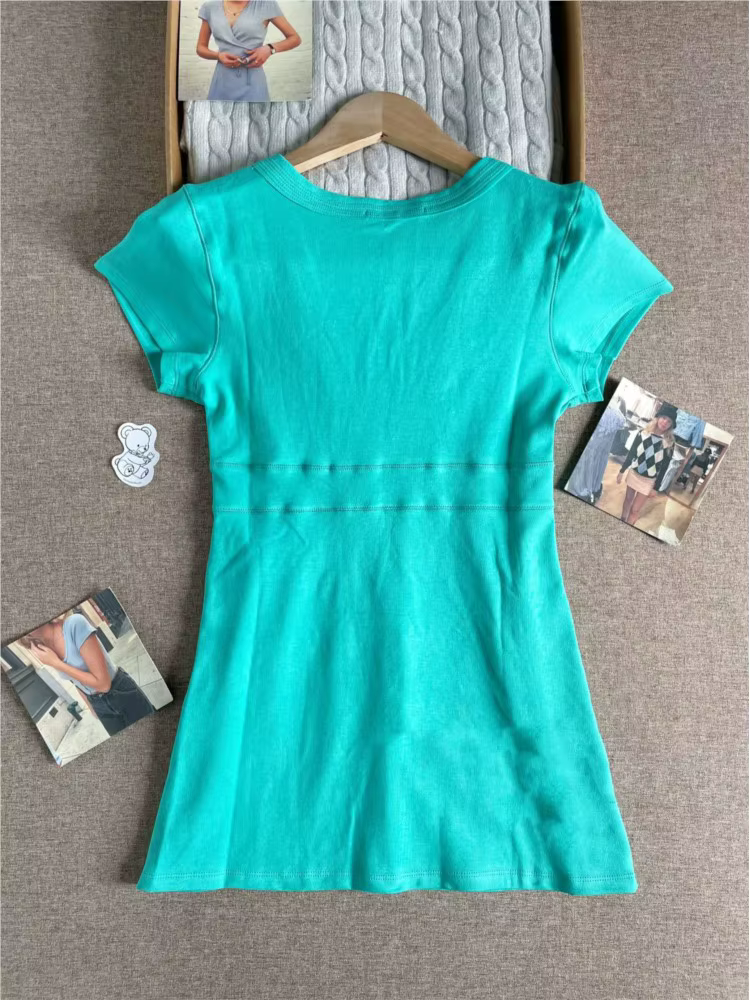 T-shirts décontractés en coton à col en V profond turquoise pour femmes