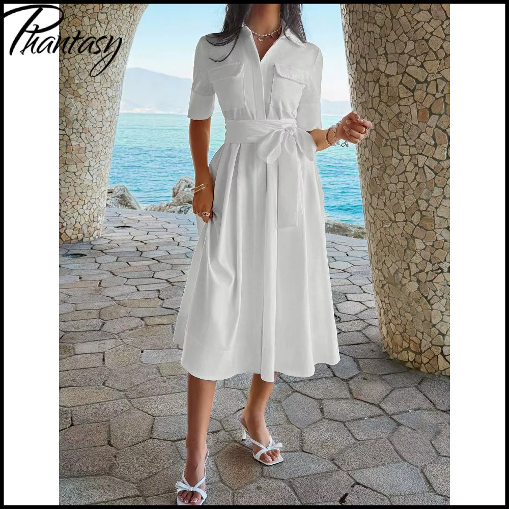 Robe chemise élégante blanche boutonnée pour femme