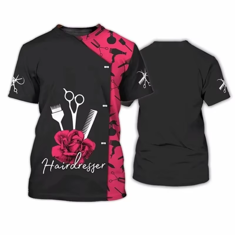 Barbier coiffeur modèle T-Shirt pour femmes Salon esthéticienne 3D imprimé t-shirts été hauts amples manches courtes