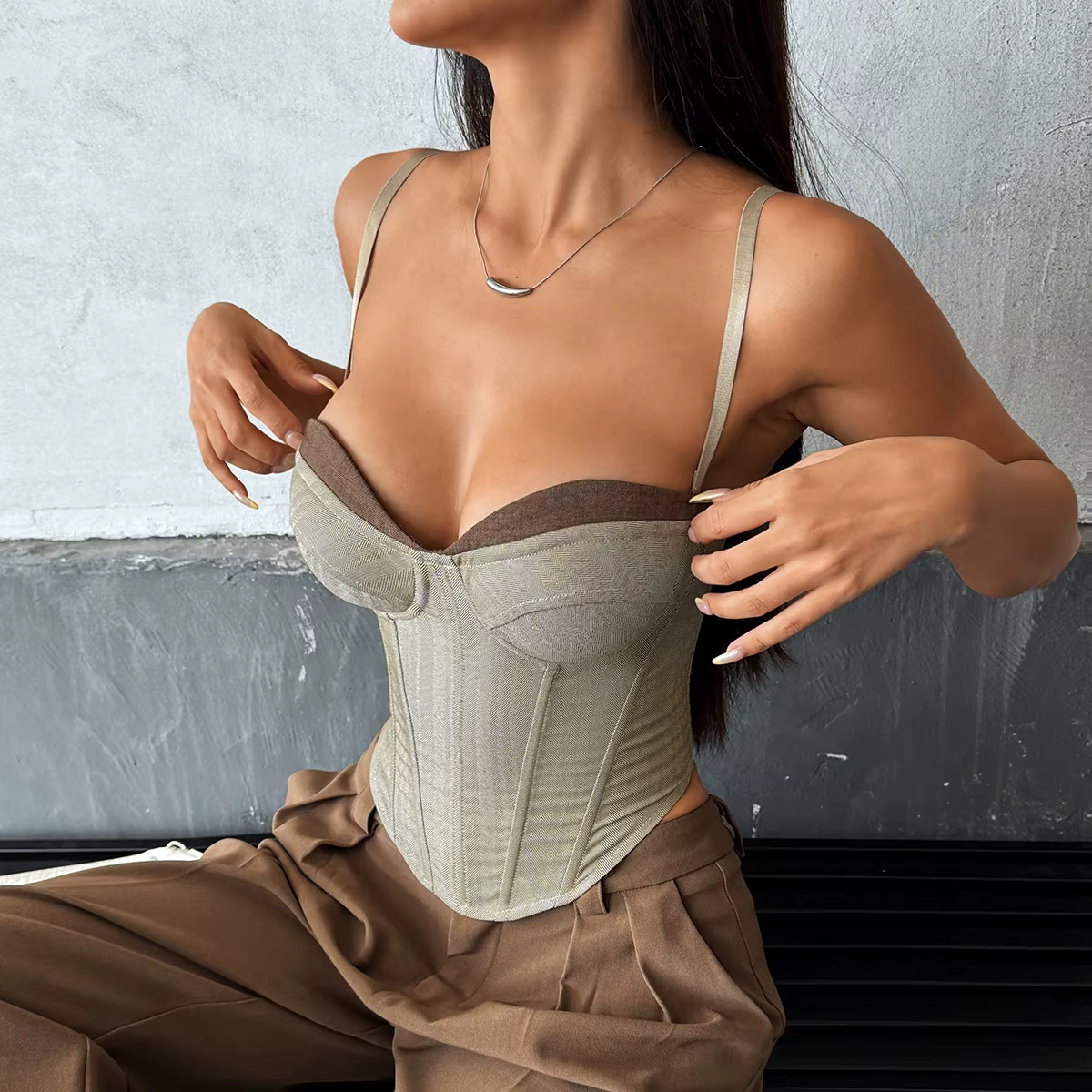 Mode rétro gris épissage débardeur femmes Sexy Patchwork coupe ajustée arête de poisson Corset élégant Bustier fille chaude fête Club hauts gilet
