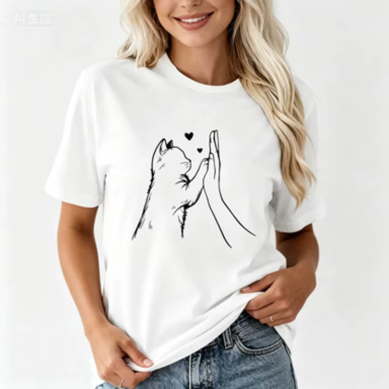 T-shirt, T-shirt graphique avec motif de chat mignon et de main en forme de cœur
