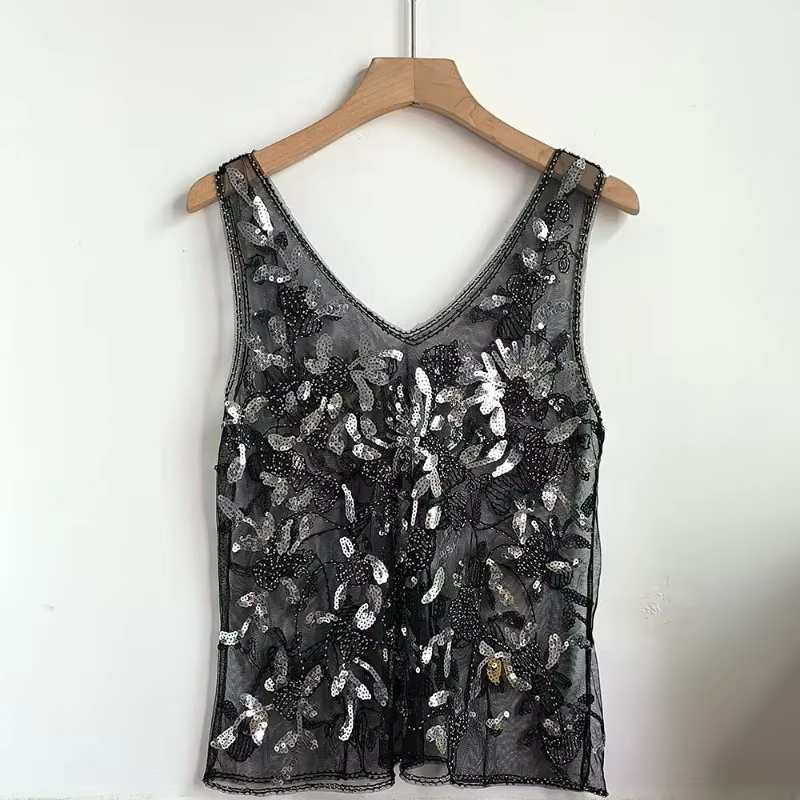 Paillettes perles Style français 2025 été nouveau gilet sans manches coupe ajustée Perspective Sexy Chic Ins mince débardeur ample