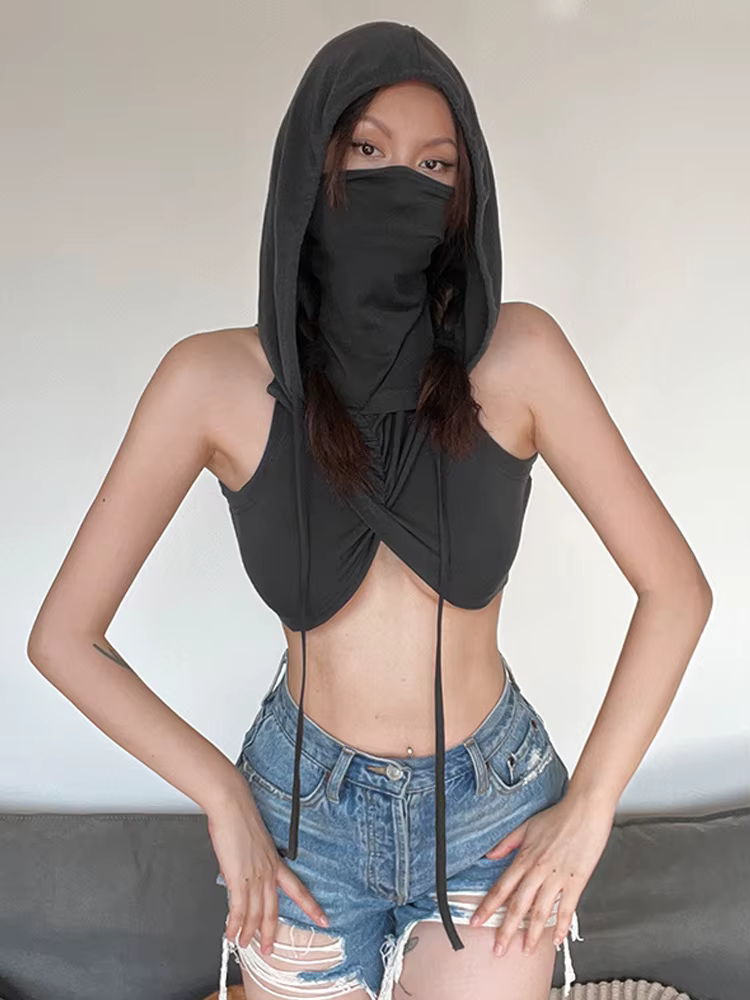 Débardeur Sexy à capuche solide pour femmes, vêtements, embout court, Design croisé, Streetwear, sans manches, Y2k, haut court