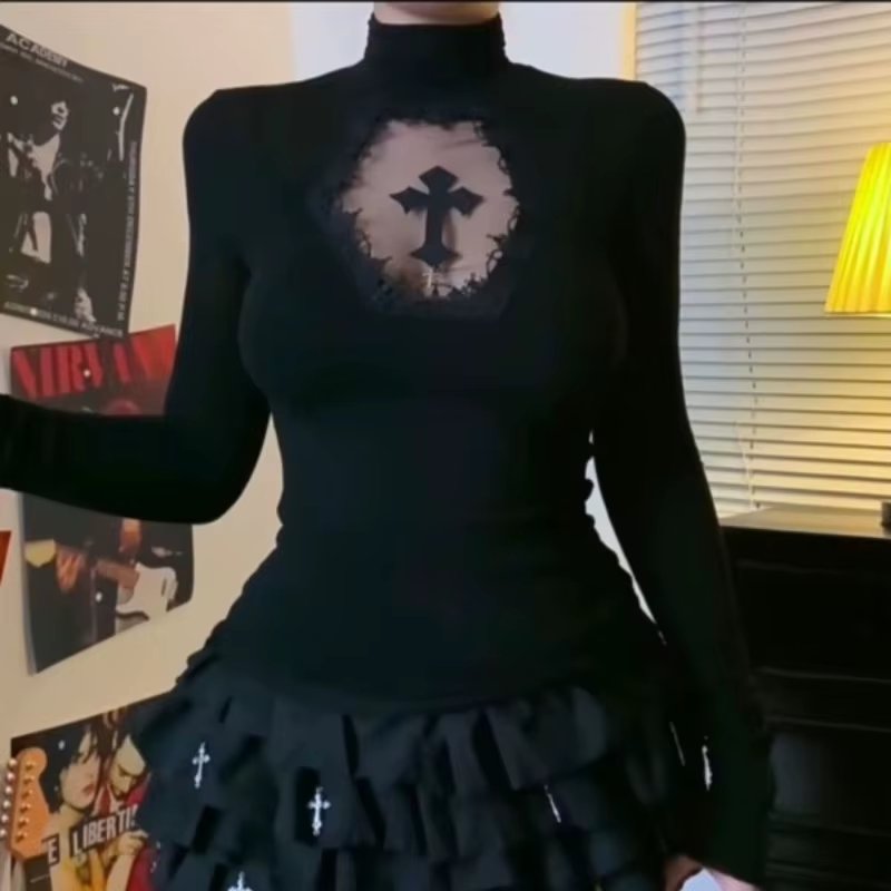 Haut à col roulé Y2k, vêtements gothiques noirs