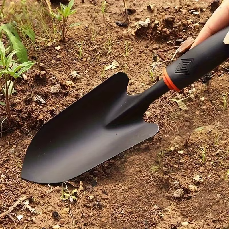 Truelle de jardin ergonomique en métal avec manche noir et garniture orange - Idéale pour planter des fleurs et des légumes