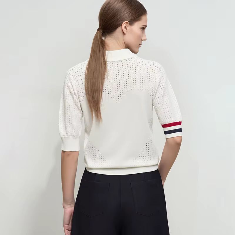 Chemises Polo AMII Femme Printemps 2026 Nouveau Col Revers Décontracté Contraste de Couleurs Rayé Tricoté T-shirts Haut