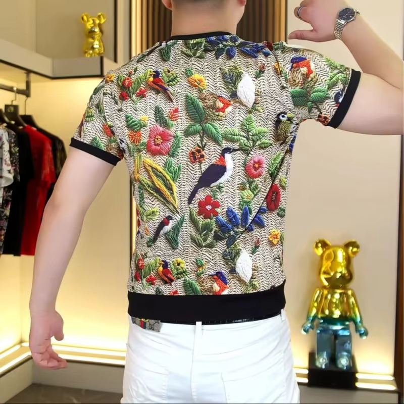 2025 été nid d'abeille maille à manches courtes T-shirt hommes rétro imprimé col rond