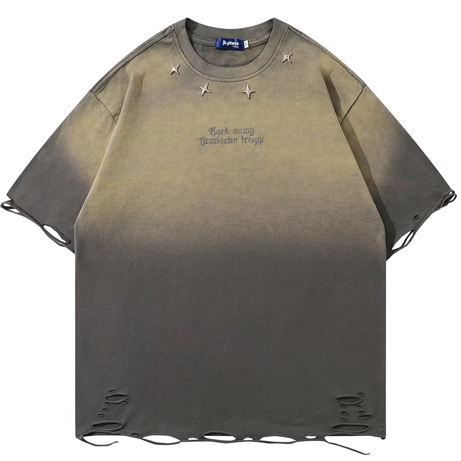 T-shirt Homme Vintage Déchiré Effet Vieilli avec Broderie Étoile Métallique