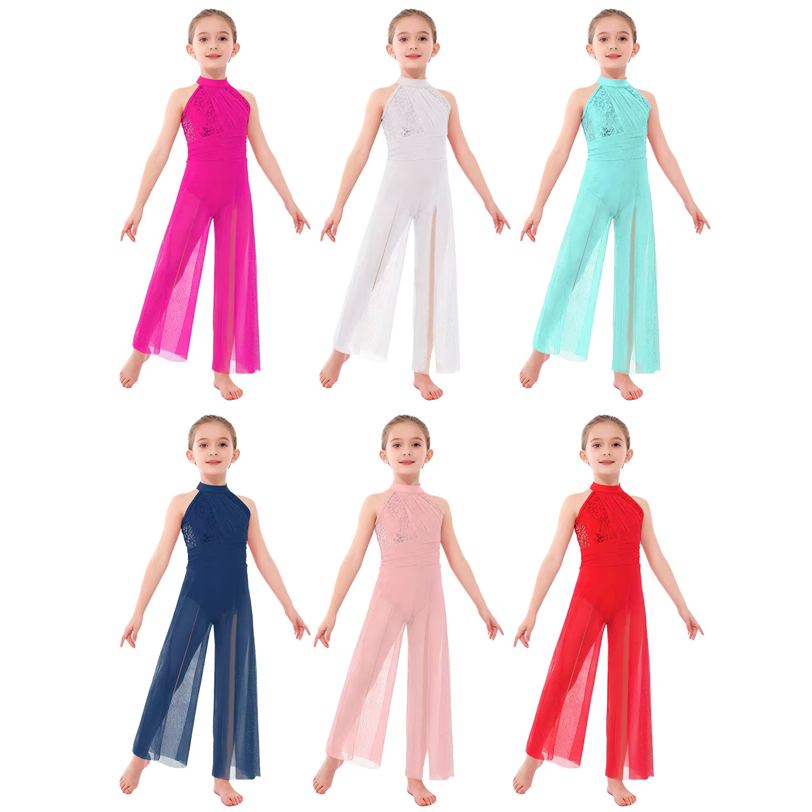 Combinaison de danse lyrique sans manches pour filles, Costume de Performance moderne, corsage à paillettes, maille scintillante, combinaison à jambes larges fendues