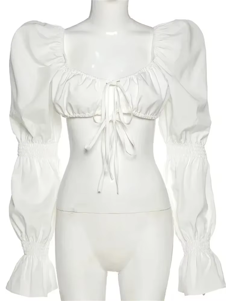Hauts et chemisiers blancs pour femmes, manches longues bouffantes, col carré, crop tops à nouer, chemises vintage élégantes et sexy pour l'automne