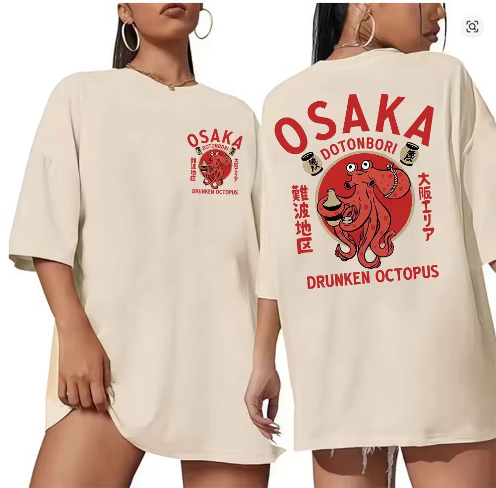 Japonais Osaka Dotonbori poulpe ivre amateur de nourriture t-shirts drôles hommes femmes rétro Harajuku surdimensionné coton T-Shirt Streetwear