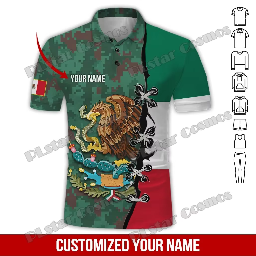 Nom personnalisé mexique blason 3D partout imprimé mode hommes Polo été décontracté unisexe à manches courtes