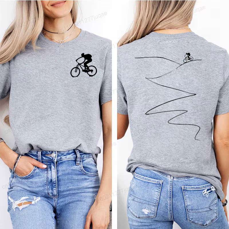 T-shirt imprimé pour cyclistes, haut décontracté à manches courtes et col rond pour l'été et le printemps, vêtements pour femmes