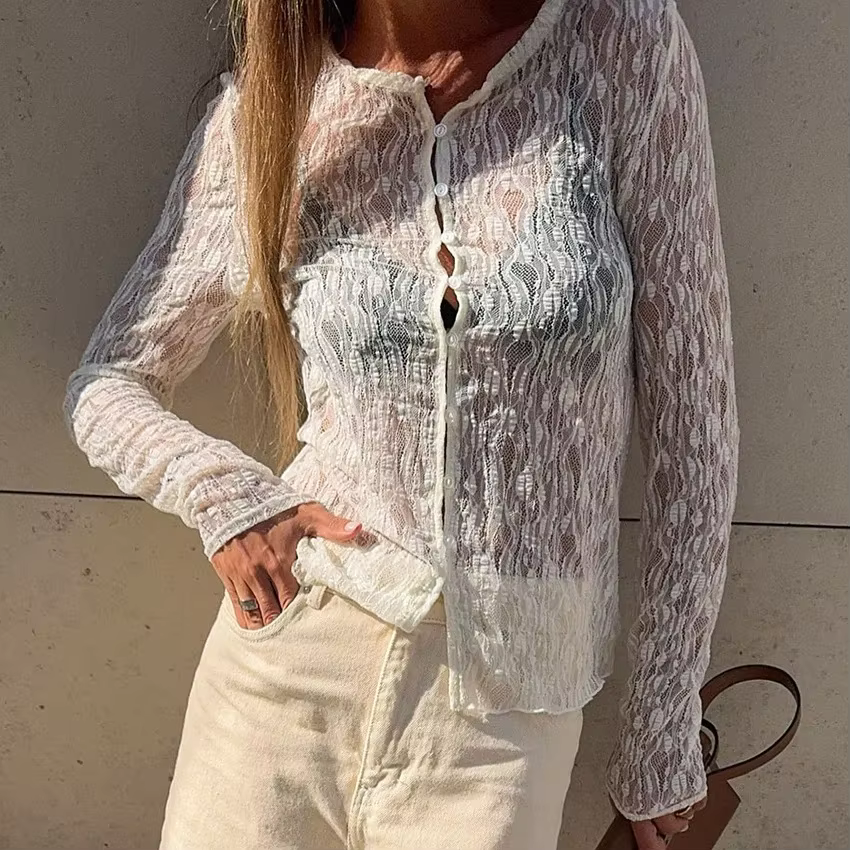 Chemisier en dentelle blanche pour femmes, transparent, manches longues, élégant, habillé, avec manchette, chemise Vintage romantique de bureau, 2025