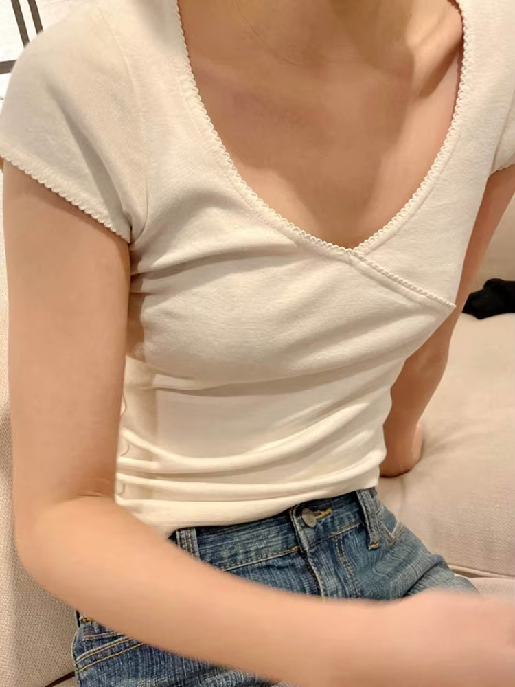 ZOCI T-shirt vintage slim col en V en coton pour femme