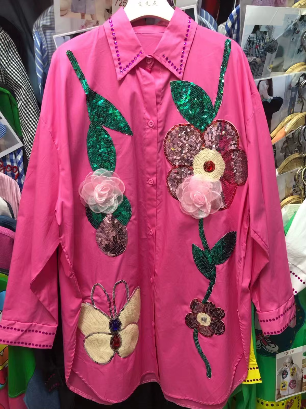 Paillettes fleurs point ample décontracté surdimensionné longues chemises et chemisiers en coton pour les femmes 2025 printemps été hauts filles Y2k Camisas