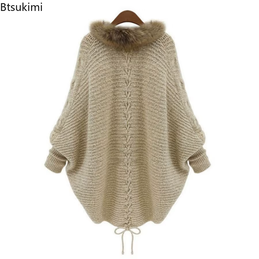 Femmes Cardigan pull épais Poncho Capes automne hiver Femme tricoté manches chauve-souris col de fourrure laine