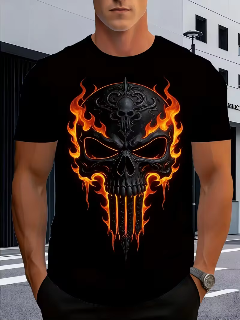 T-shirt pour homme {Flame Skull Design} Idéal pour une tenue décontractée à la maison