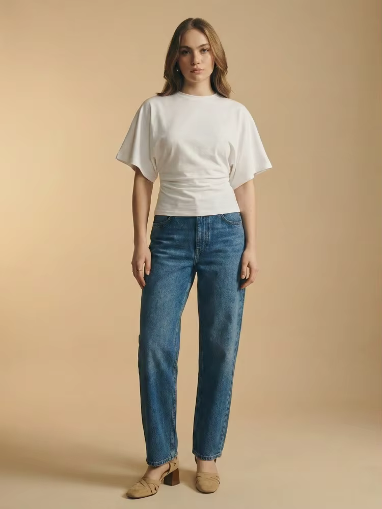 T-shirt court plissé à manches évasées pour femme