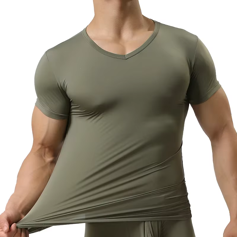 Ice InjT-Maillot de corps en nylon à manches courtes et col en V pour homme