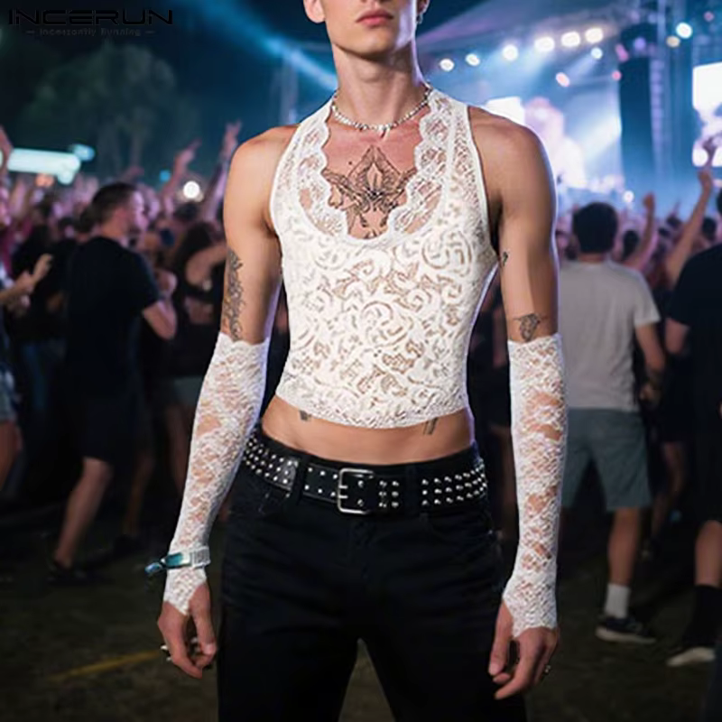 INCERUN hommes débardeurs dentelle voir à travers col en V sans manches avec manches hommes gilets Sexy Streetwear fête mode unisexe hauts S-3XL