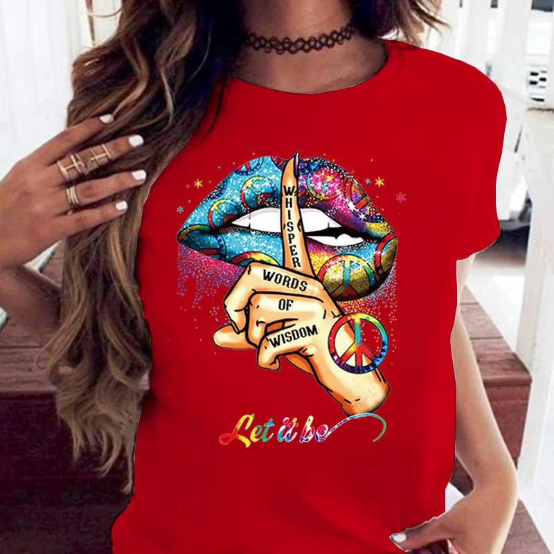 100% coton ample col rond bouche créative à manches courtes T-shirt femme surdimensionné