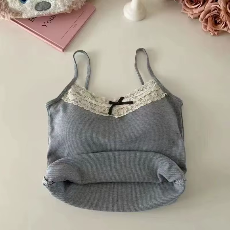 Femmes Camisole débardeurs Sexy nœud sans manches haut Corset avec coussin de poitrine doux dentelle Patchwork culture hauts été mince élégant Camis