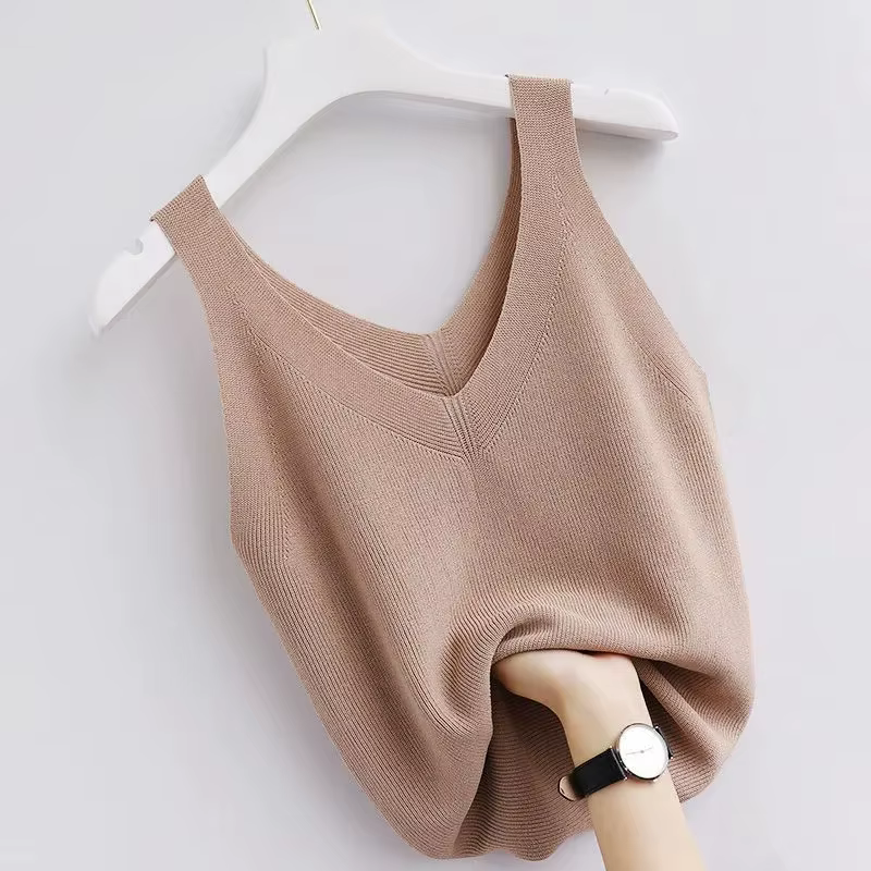 Tricot Vintage débardeur col en v sans manches esthétique ample vêtements d'été pour les femmes solide basique élégant