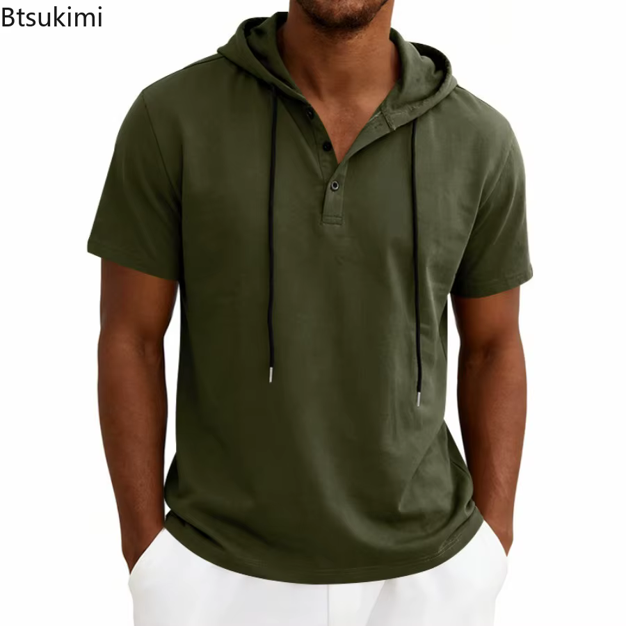 T-shirt à capuche confortable à manches courtes pour homme 2026 – Col Henley