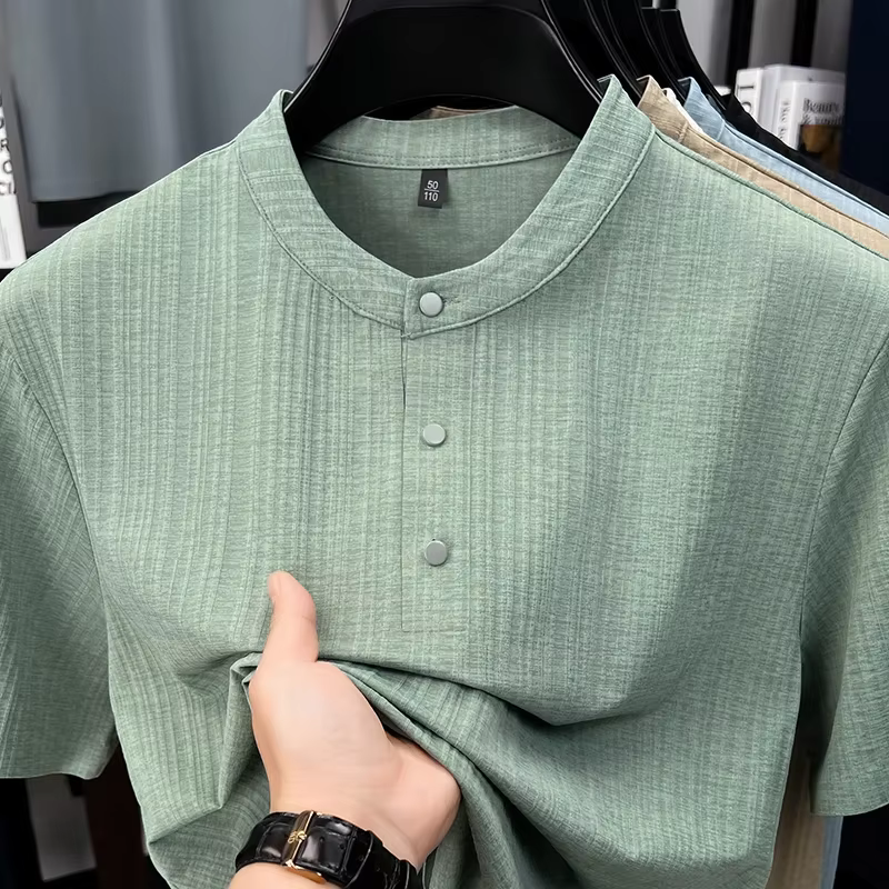T-shirt Henley en lin texturé pour homme avec col mandarin