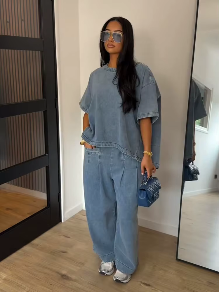 Ensemble pantalon et haut oversize en jean pour femme