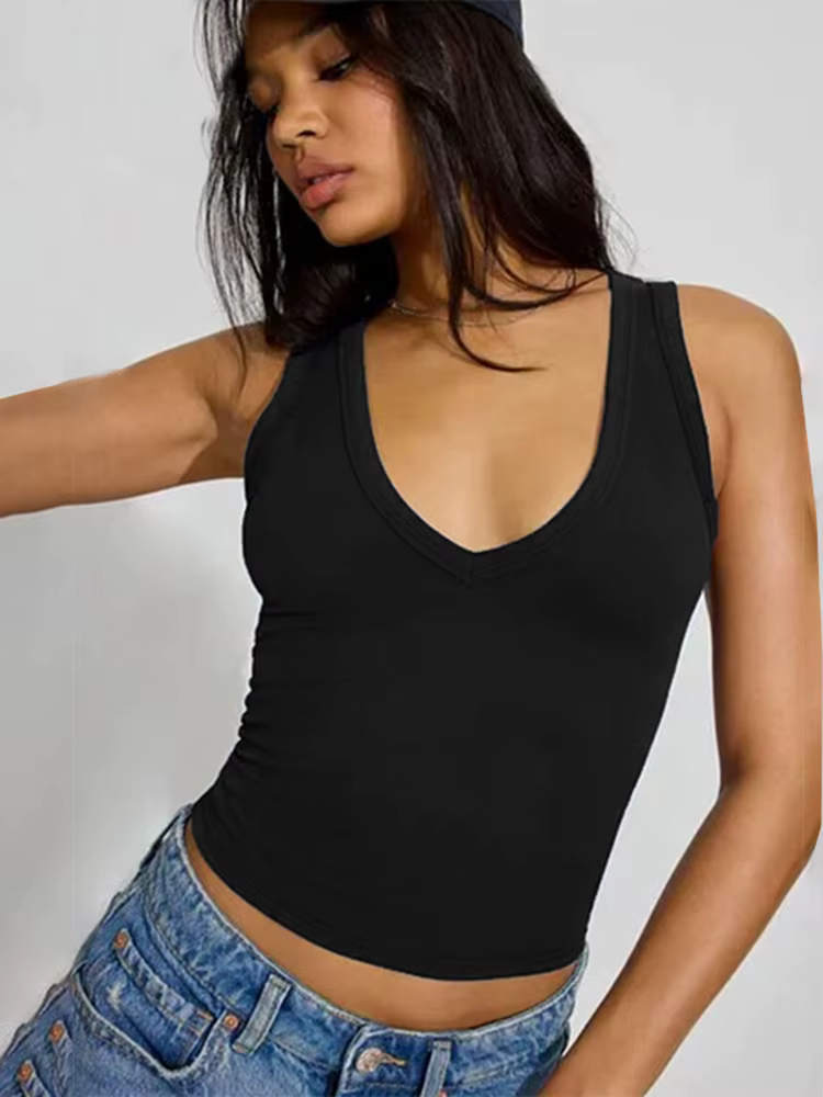 Débardeur court sexy et ajusté pour femme, col en V, bretelles, style décontracté d'été, streetwear, plage, vacances, fitness, yoga, couleur unie 2025