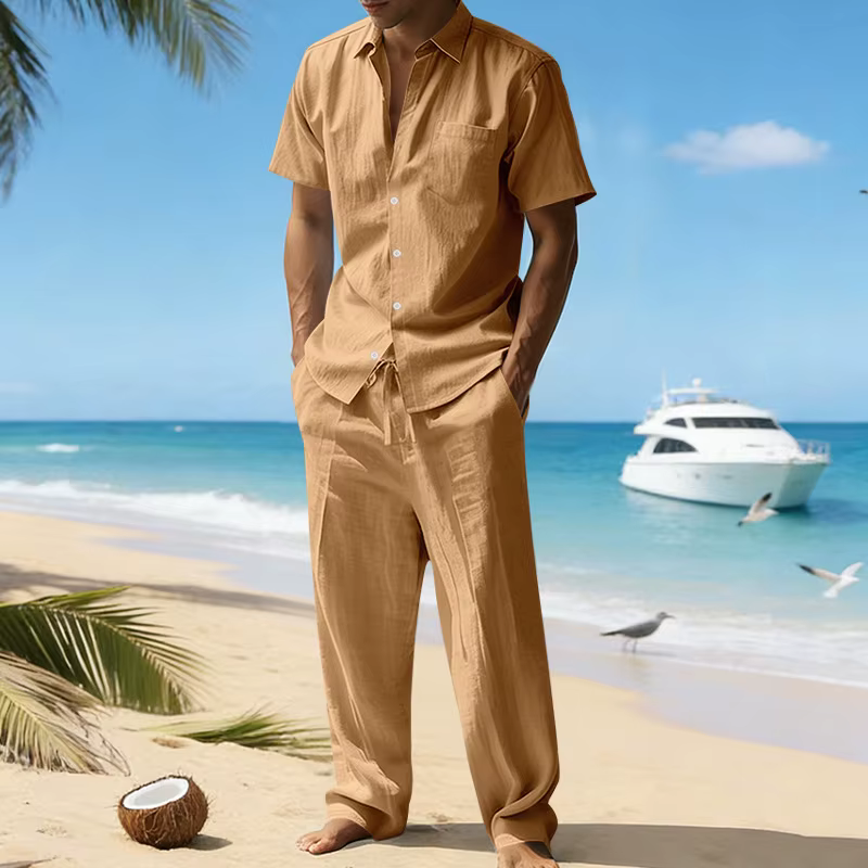 Ensemble chemise à manches courtes en lin et pantalon décontracté pour homme
