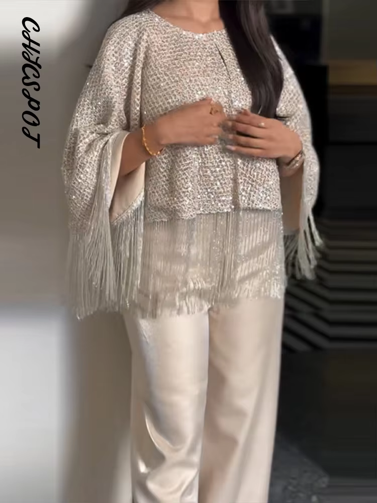 Tops châles oversize à sequins et franges pour femmes, col rond sexy, manches longues, brillants, coupe ample, capes chic pour soirées et clubs