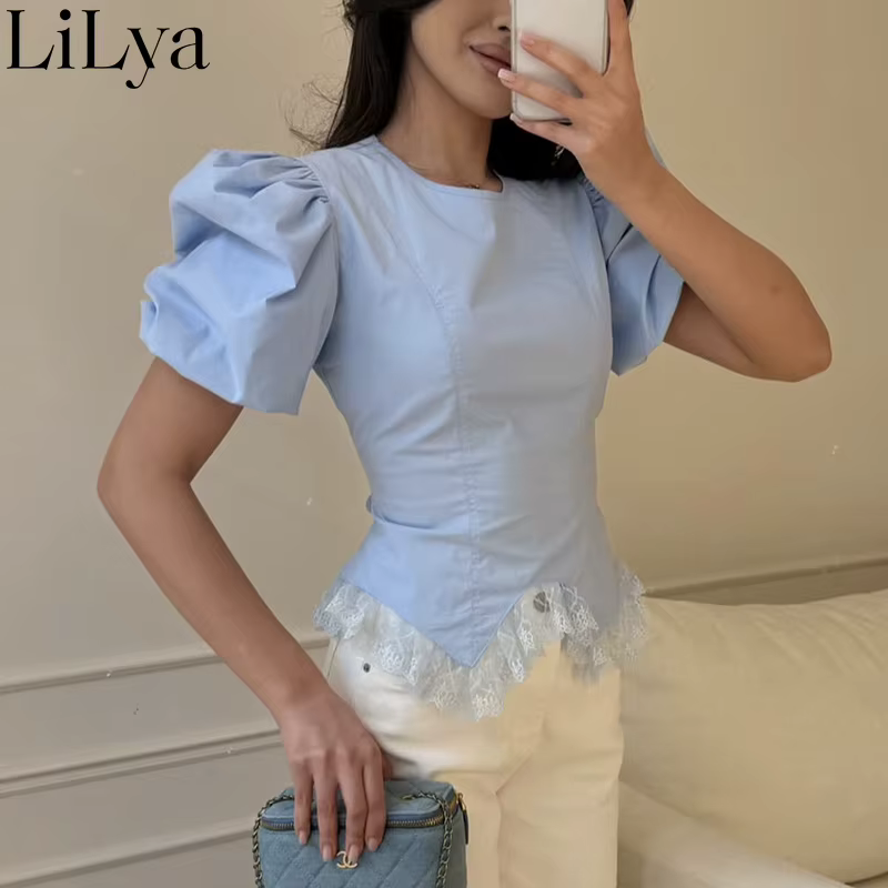 T-shirt Femme Chic à Manches Bouffantes et Dentelle