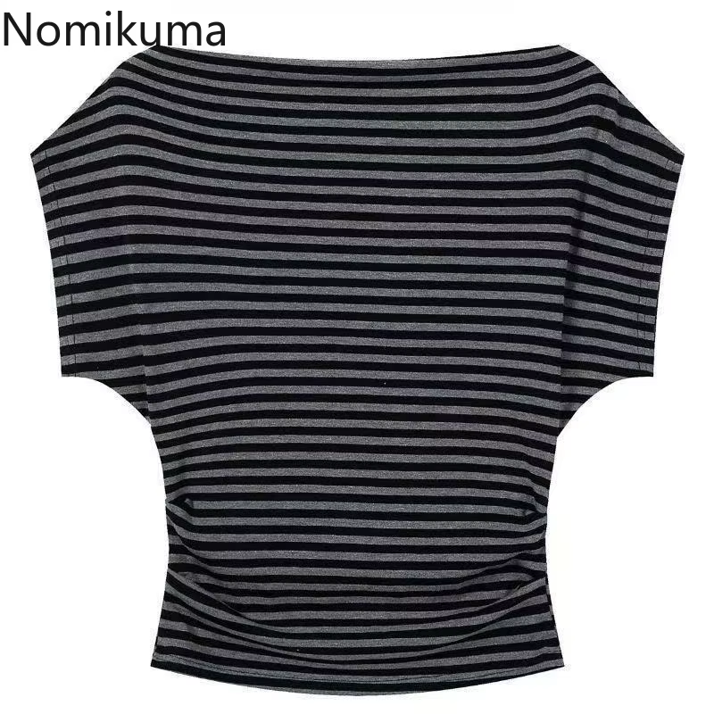 2025 vêtements pour femmes rayé t-shirts à manches courtes Slash cou décontracté Camisetas Ropa Mujer mode été