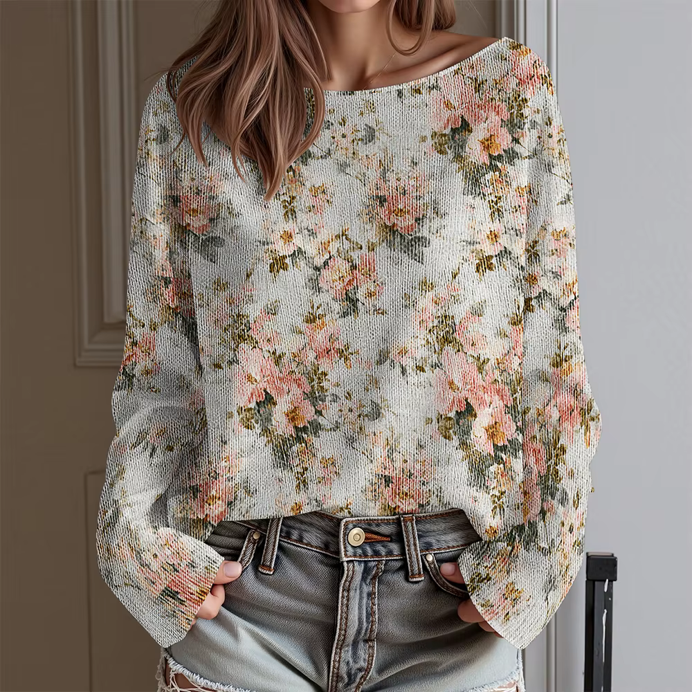 Cadeau de Saint-Valentin T-shirt floral à une épaule pour femme Coupe ample Haut à manches longues Chemisier Sweet Heart Hauts Harajuku Cottagecore