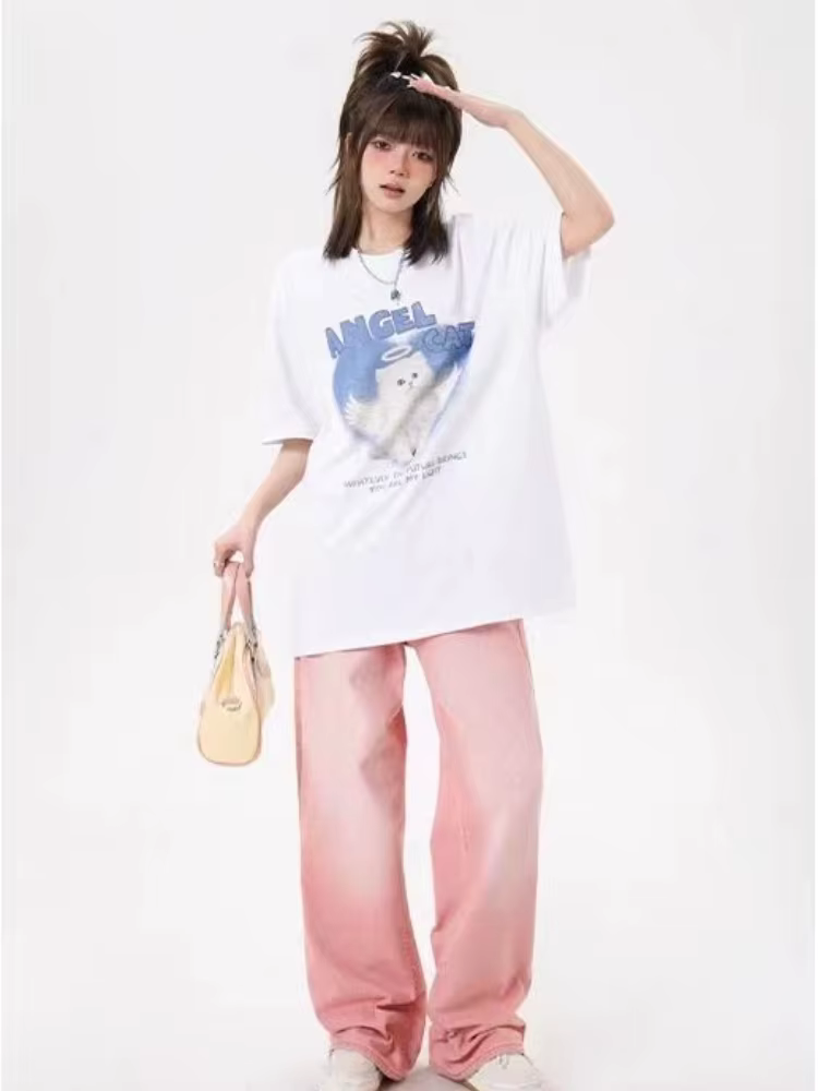 T-shirt imprimé chat ange mignon pour hommes et femmes pur coton mode d'été tendance décontracté confortable Couple haut à manches courtes Harajuku