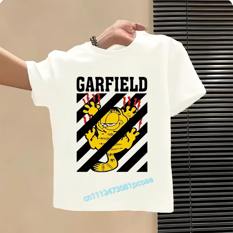 Nouveau t-shirt d'été avec imprimé de dessin animé Garfield - Chemise de sport à manches courtes en pur coton pour enfants ou haut décontracté pour filles