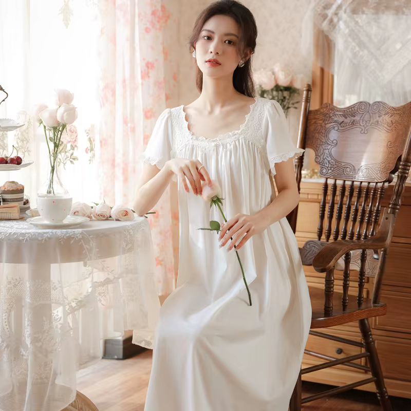 Femmes été manches courtes vêtements de nuit en coton dentelle française col carré chemise