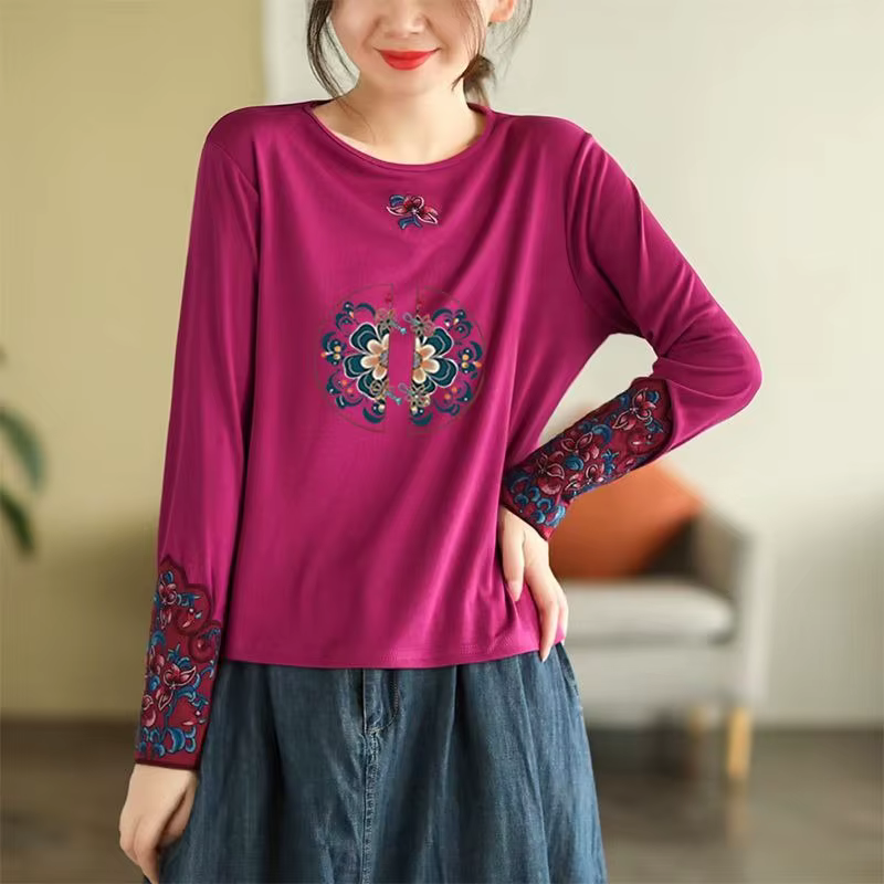 Femmes ethnique broderie à manches longues t-shirt 100% coton coupe ajustée col rond haut automne mode chemise décontractée pour vêtements de base en plein air