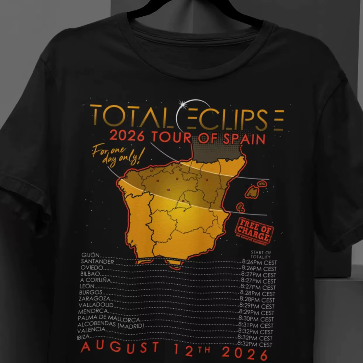 T-shirt graphique Eclipse solaire total Espagne 2026 – Carte de la trajectoire de l'éclipse imprimée – Coton unisexe surdimensionné à manches courtes pour les amateurs d'astronomie