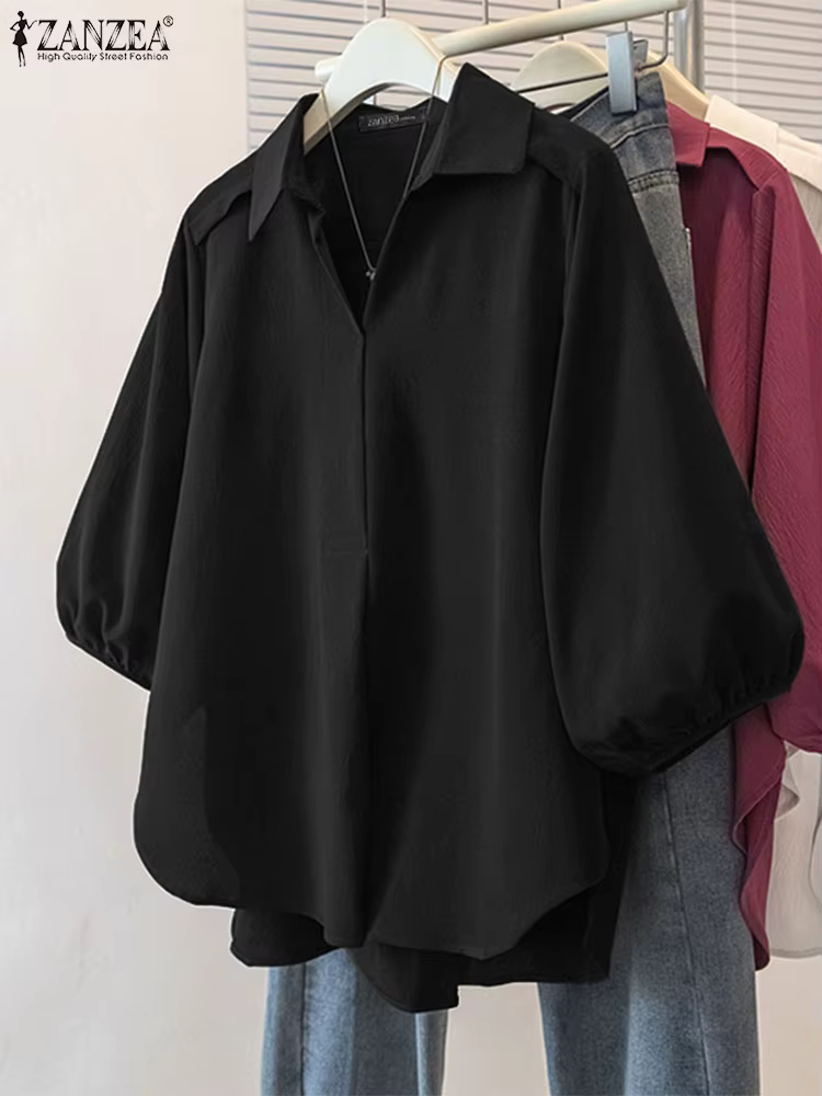 ZANZEA femmes chemisier asymétrique 3/4 lanterne manches couleur unie hauts mode col rabattu tunique décontractée été pull Blusa