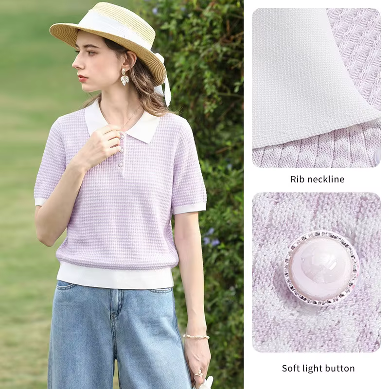 I BELIEVE YOU Polo à manches courtes en tricot à carreaux violets pour femme