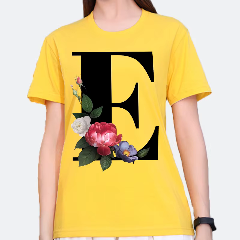 T-shirt jaune grande taille pour hommes et femmes avec imprimé tendance noir de fleurs et 26 lettres anglaises