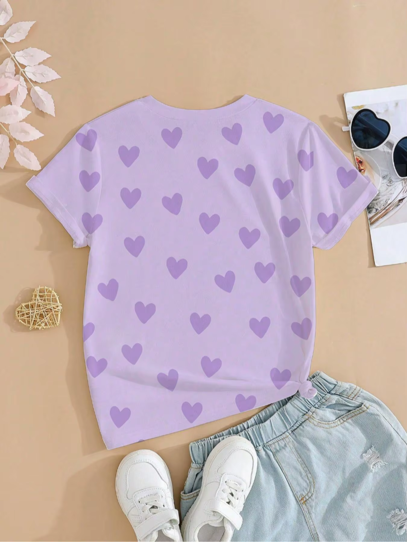 T-shirt graphique K-Pop pour filles - Motif cœur violet imprimé Nova Beat Chibi, tee-shirt décontracté pour enfants